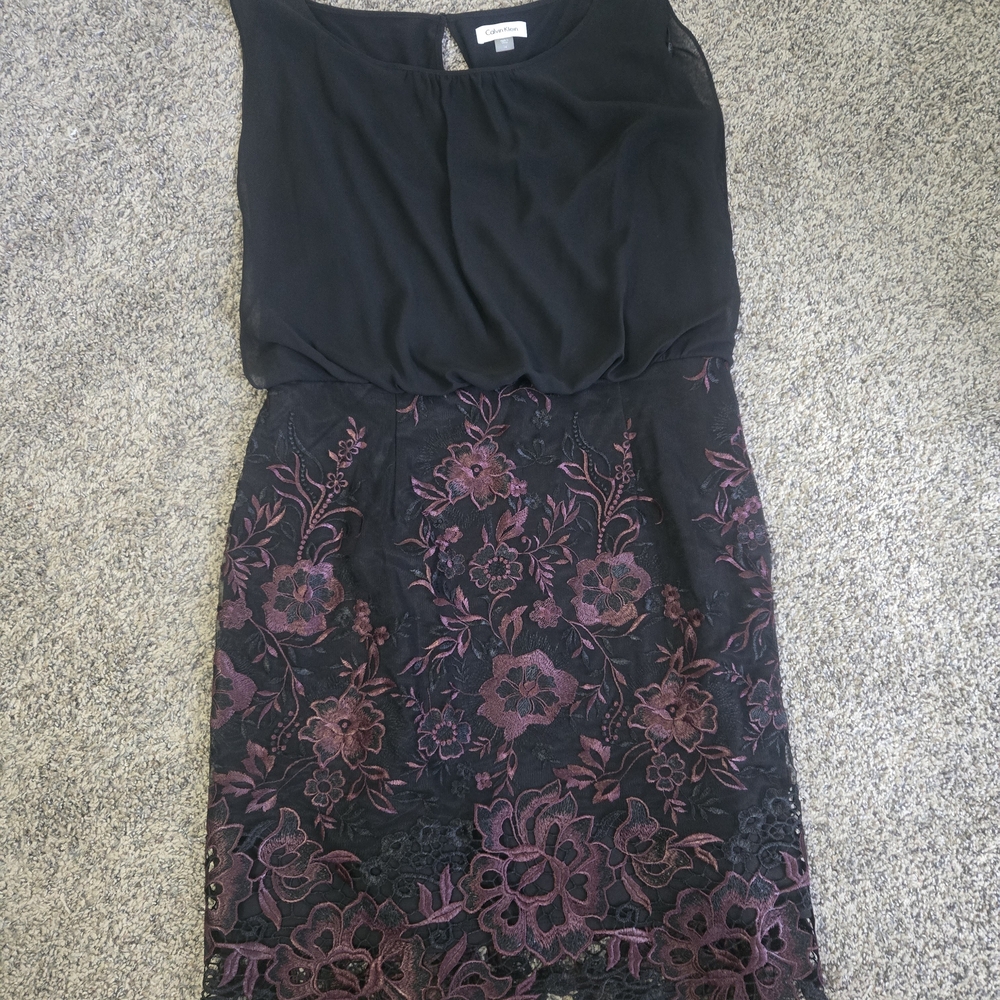 Calvin Klein Black Dress with Plum Floral Lace Skirt